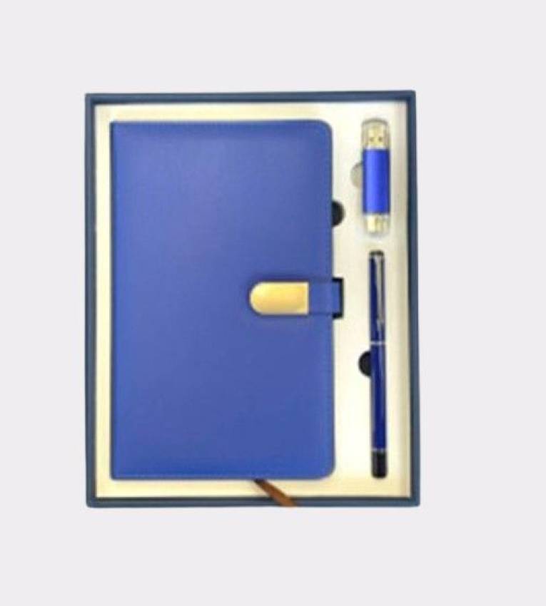 Coffret cadeau élégant Carnet en cuir Bleu avec stylo raffiné et recharge d’encre Bleu avec Clé USB Bleu